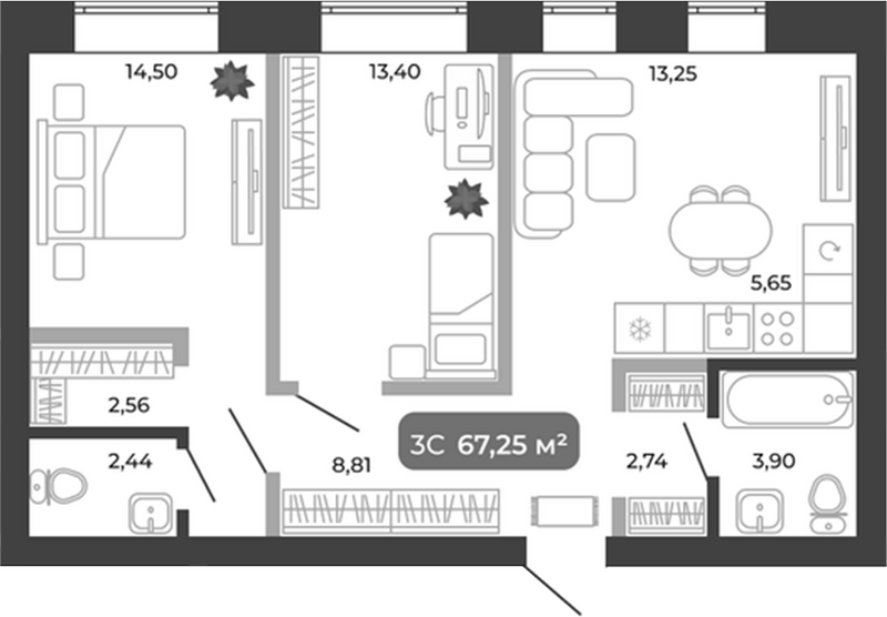 Планировка 3е-к.кв 67.25 м² в ЖК «Ботаника»