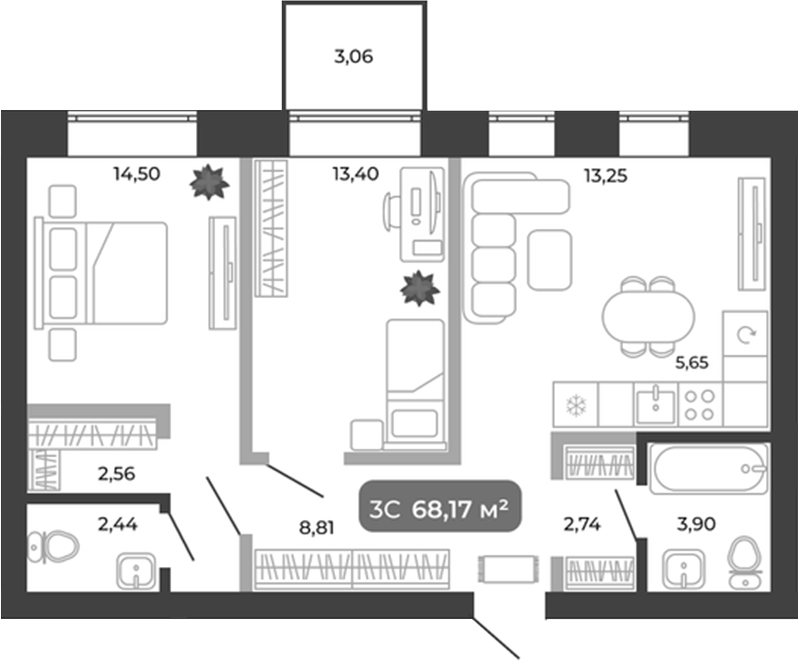 Планировка 3е-к.кв 67.25 м² в ЖК «Ботаника»
