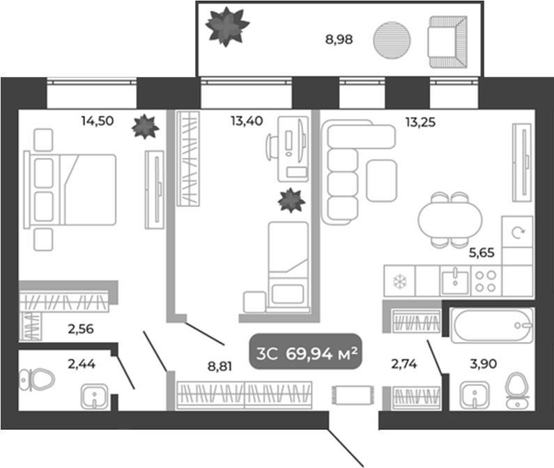 Планировка 3е-к.кв 67.25 м² в ЖК «Ботаника»