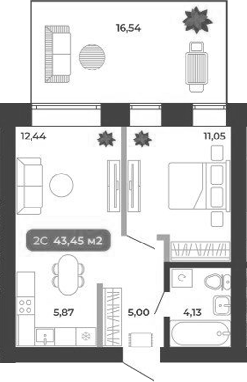 Планировка 2е-к.кв 38.49 м² в ЖК «Ботаника»