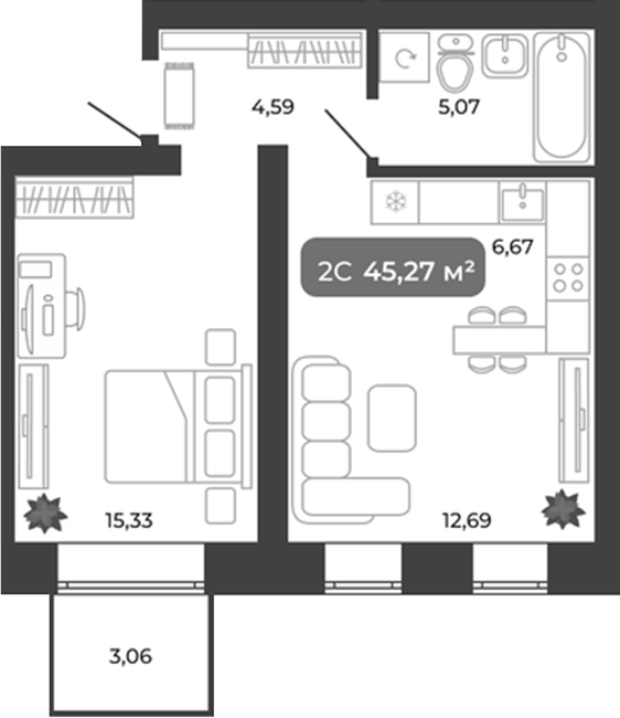 Планировка 2е-к.кв 44.35 м² в ЖК «Ботаника»