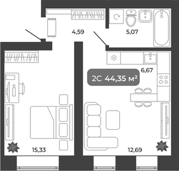 Планировка 2е-к.кв 44.35 м² в ЖК «Ботаника»