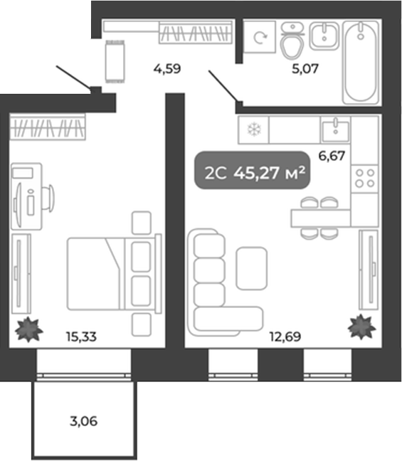 Планировка 2е-к.кв 44.35 м² в ЖК «Ботаника»