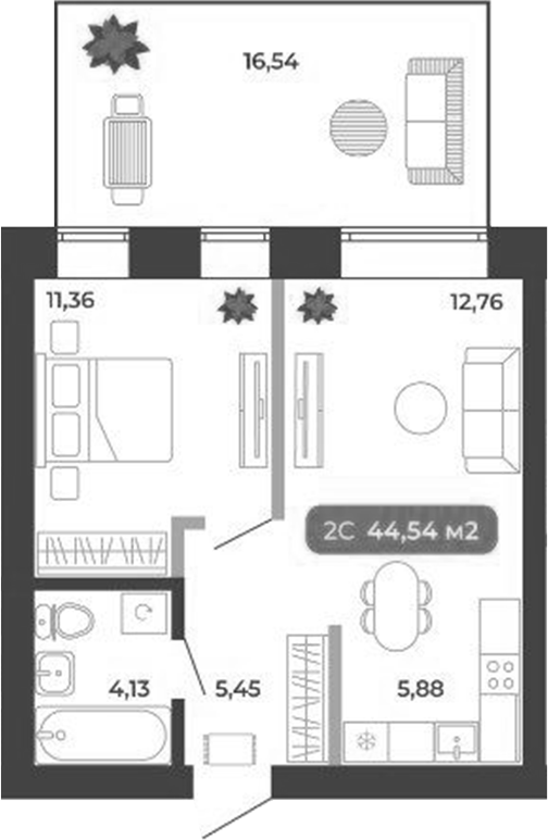Планировка 2е-к.кв 39.58 м² в ЖК «Ботаника»