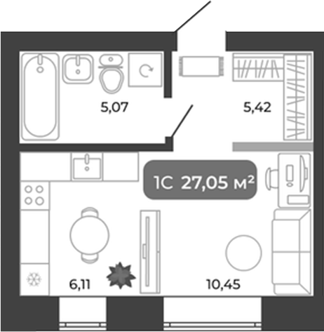 Планировка студии 27.05 м² в ЖК «Ботаника»