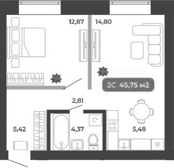 Планировка 2е-к.кв 45.75 м² в ЖК «Ботаника»