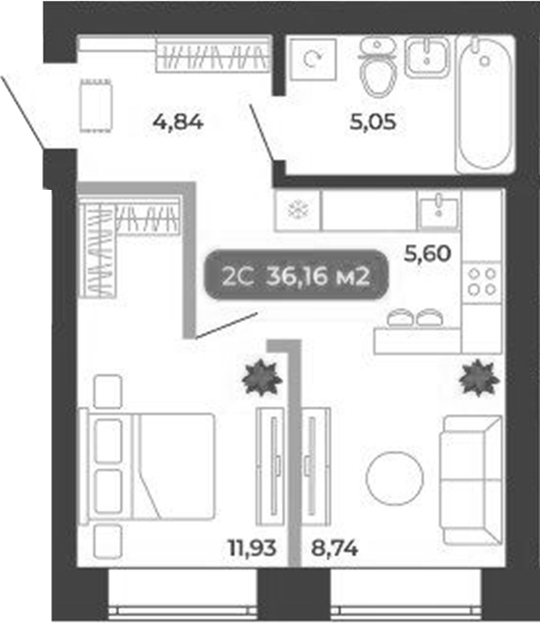 Планировка 2е-к.кв 36.16 м² в ЖК «Ботаника»