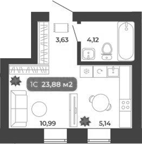 Планировка студии 23.88 м² в ЖК «Ботаника»