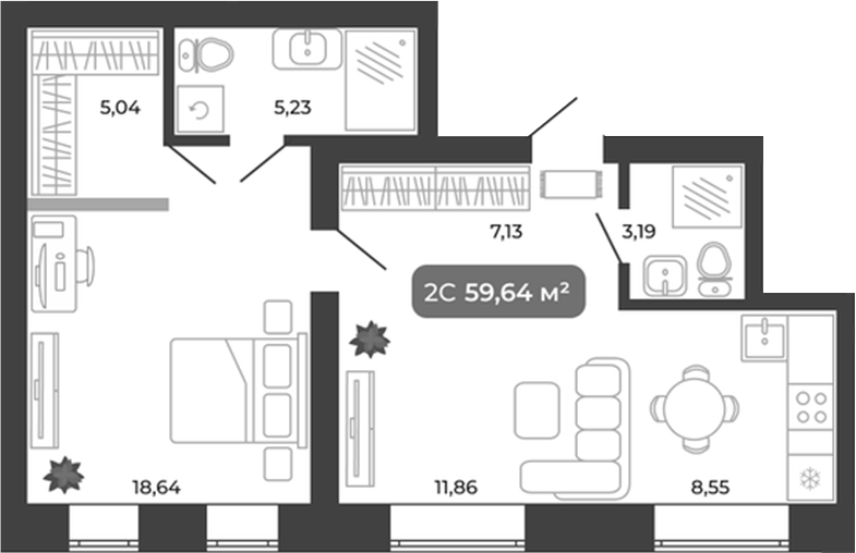 Планировка 2е-к.кв 59.64 м² в ЖК «Ботаника»