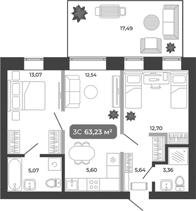 Планировка 3е-к.кв 57.98 м² в ЖК «Ботаника»