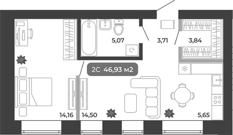Планировка 2е-к.кв 46.93 м² в ЖК «Ботаника»