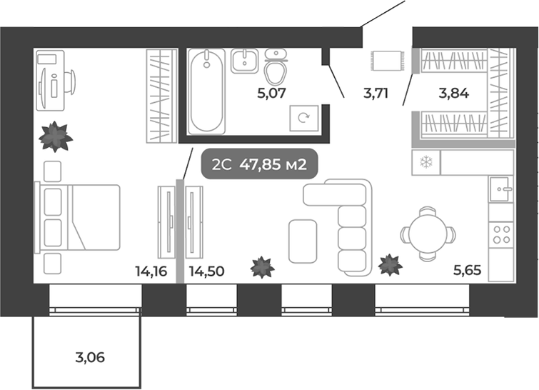 Планировка 2е-к.кв 46.93 м² в ЖК «Ботаника»