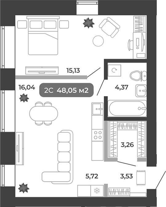 Планировка 2е-к.кв 48.05 м² в ЖК «Ботаника»