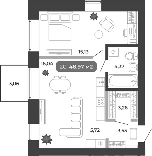 Планировка 2е-к.кв 48.05 м² в ЖК «Ботаника»