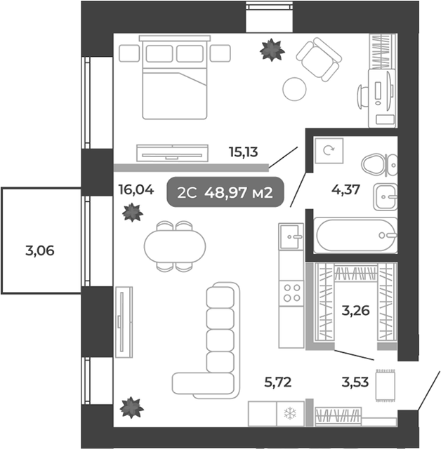 Планировка 2е-к.кв 48.05 м² в ЖК «Ботаника»