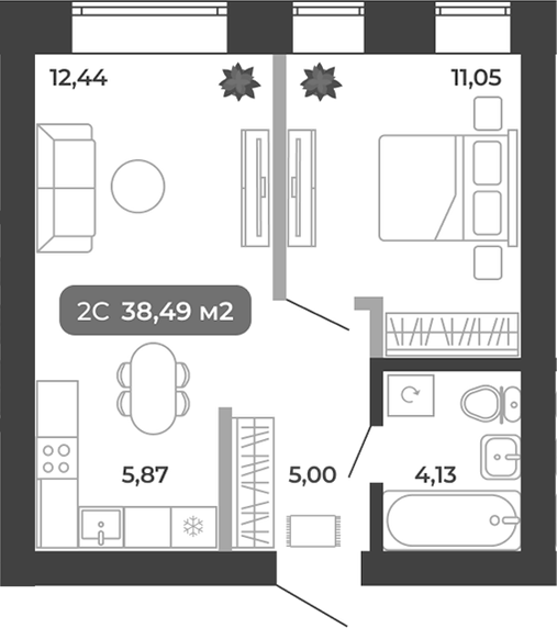 Планировка 2е-к.кв 38.49 м² в ЖК «Ботаника»
