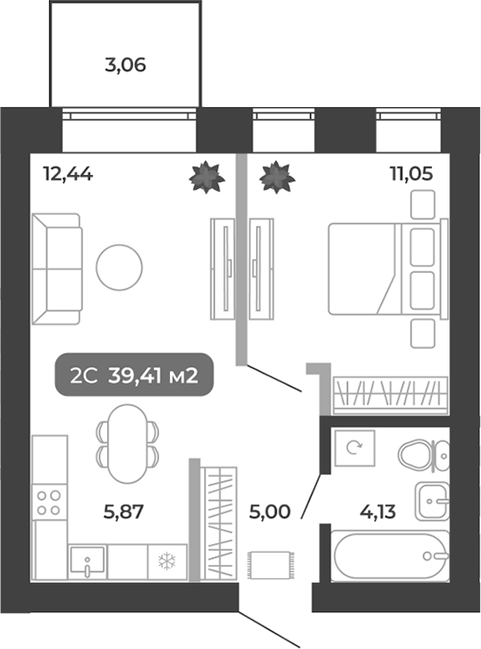 Планировка 2е-к.кв 38.49 м² в ЖК «Ботаника»