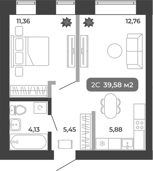 Планировка 2е-к.кв 39.58 м² в ЖК «Ботаника»