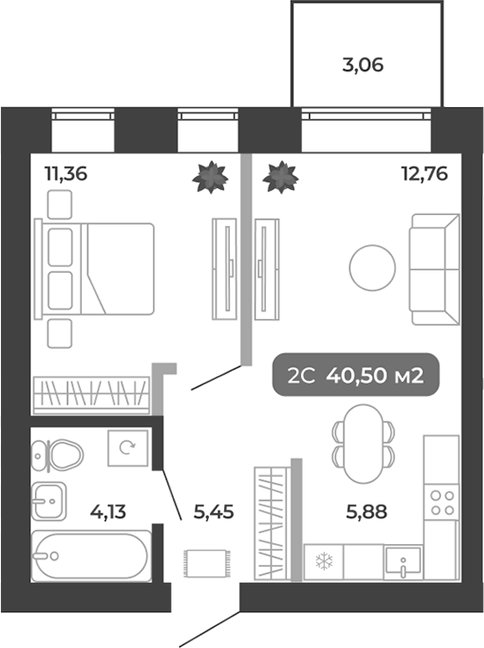 Планировка 2е-к.кв 39.58 м² в ЖК «Ботаника»