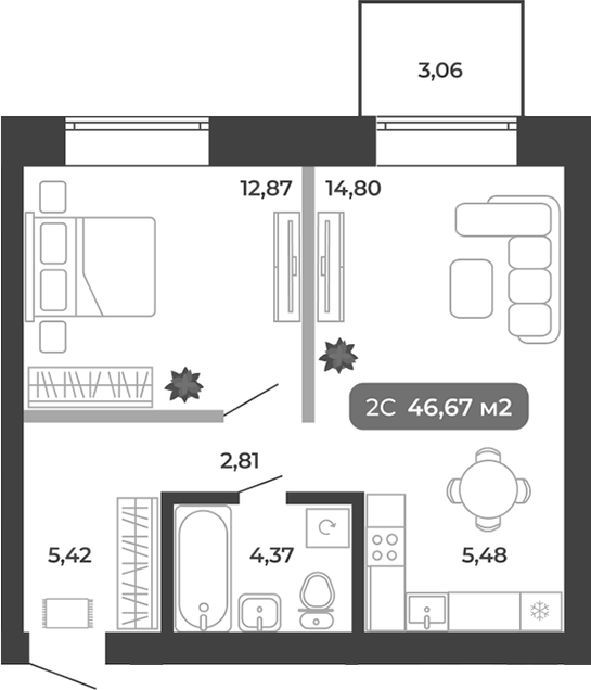 Планировка 2е-к.кв 45.75 м² в ЖК «Ботаника»