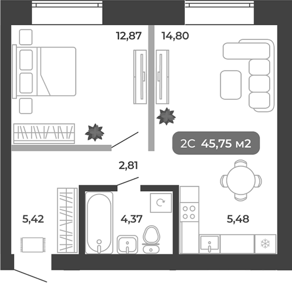 Планировка 2е-к.кв 45.75 м² в ЖК «Ботаника»