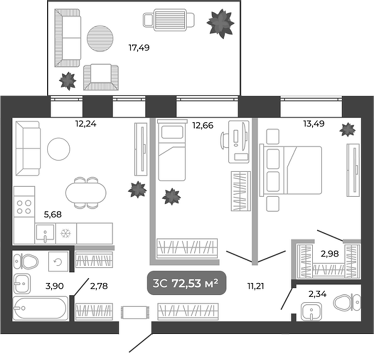 Планировка 3е-к.кв 67.28 м² в ЖК «Ботаника»
