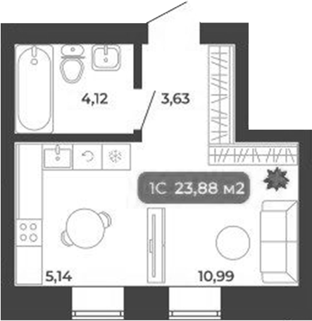 Планировка студии 23.88 м² в ЖК «Ботаника»