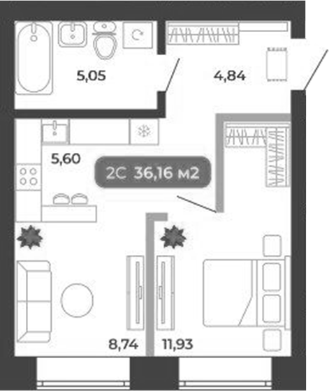 Планировка 2е-к.кв 36.16 м² в ЖК «Ботаника»