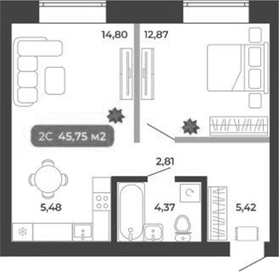 Планировка 2е-к.кв 45.75 м² в ЖК «Ботаника»