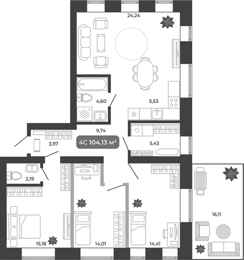 Планировка 4е-к.кв 99.30 м² в ЖК «Ботаника»