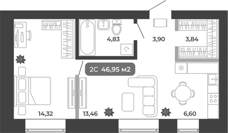 Планировка 2е-к.кв 46.95 м² в ЖК «Ботаника»