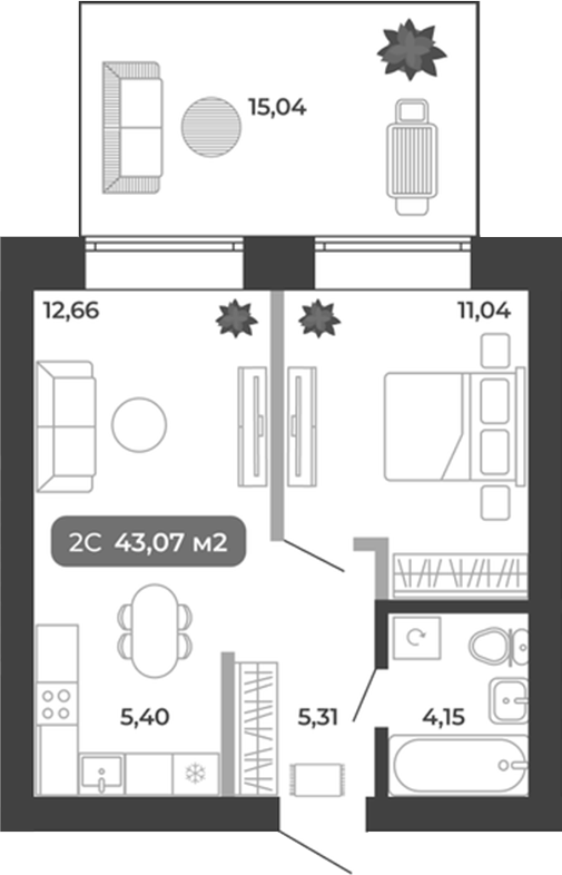 Планировка 2е-к.кв 38.56 м² в ЖК «Ботаника»
