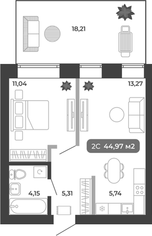 Планировка 2е-к.кв 39.51 м² в ЖК «Ботаника»