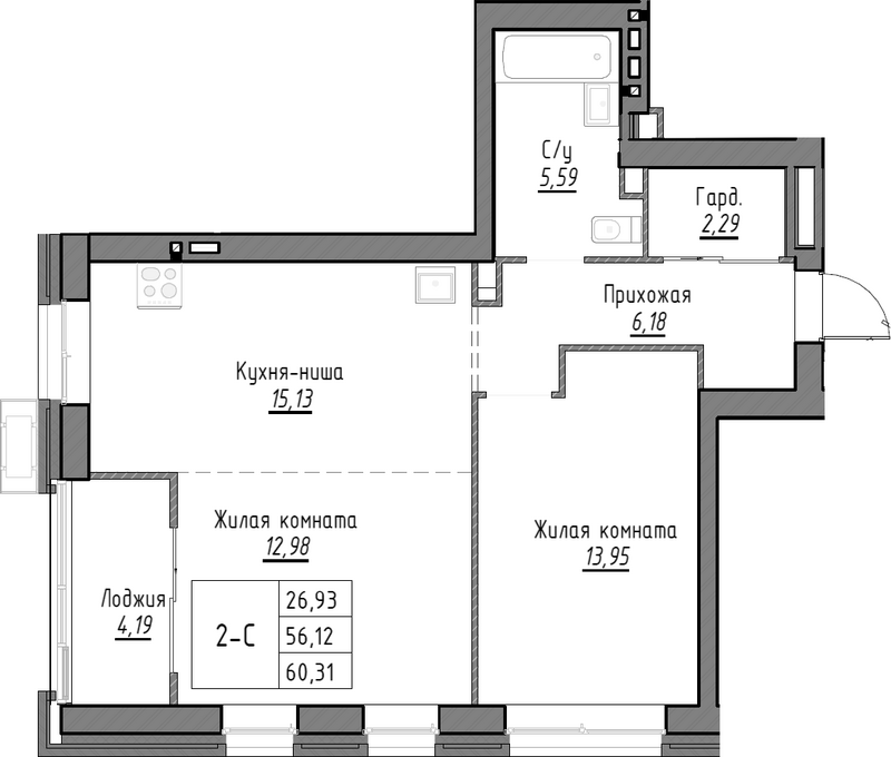 Планировка 2е-к.кв 56.12 м² в ЖК «Тесла парк»
