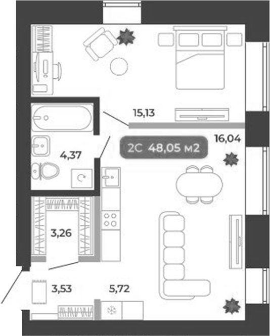 Планировка 2е-к.кв 48.05 м² в ЖК «Ботаника»