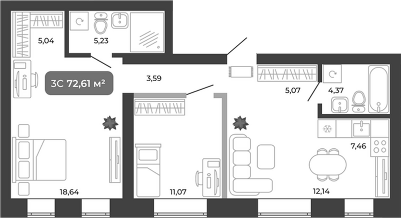 Планировка 3е-к.кв 72.61 м² в ЖК «Ботаника»