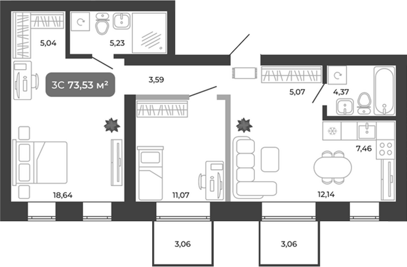 Планировка 3е-к.кв 72.61 м² в ЖК «Ботаника»