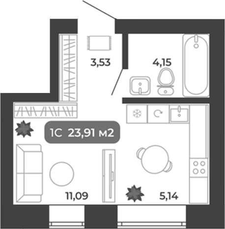 Планировка студии 23.91 м² в ЖК «Ботаника»