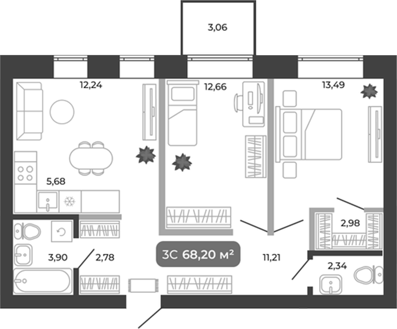Планировка 3е-к.кв 67.28 м² в ЖК «Ботаника»