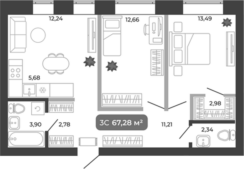 Планировка 3е-к.кв 67.28 м² в ЖК «Ботаника»