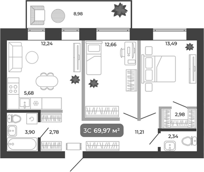 Планировка 3е-к.кв 67.28 м² в ЖК «Ботаника»