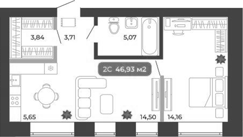 Планировка 2е-к.кв 46.93 м² в ЖК «Ботаника»