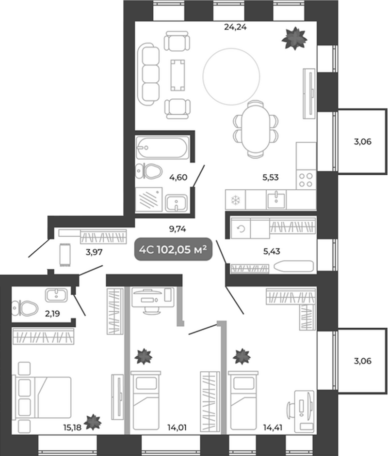 Планировка 4е-к.кв 99.30 м² в ЖК «Ботаника»