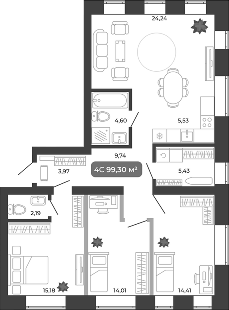 Планировка 4е-к.кв 99.30 м² в ЖК «Ботаника»