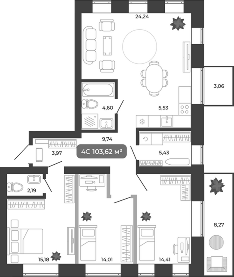 Планировка 4е-к.кв 99.30 м² в ЖК «Ботаника»