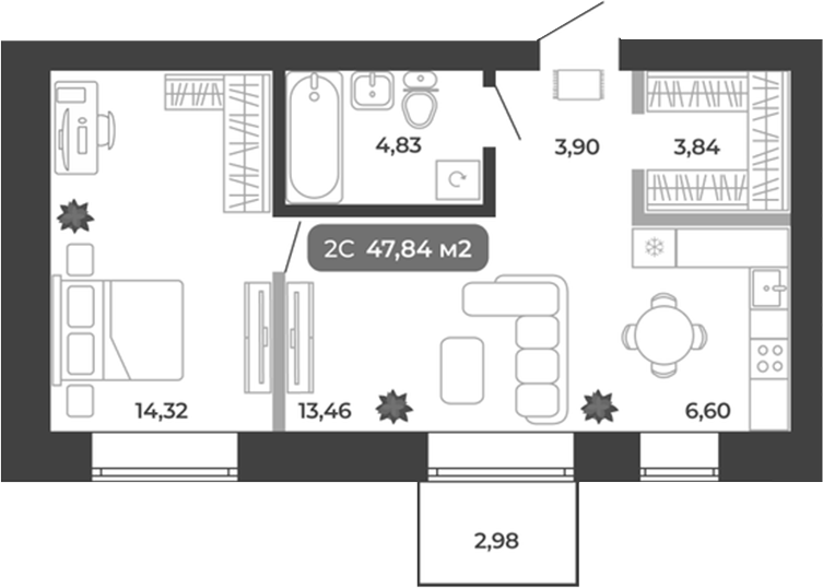 Планировка 2е-к.кв 46.95 м² в ЖК «Ботаника»