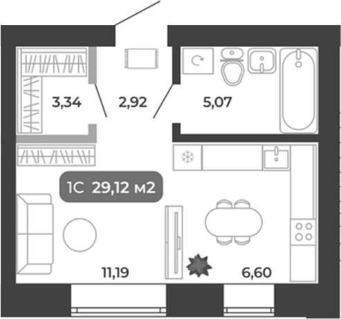 Планировка студии 29.12 м² в ЖК «Ботаника»