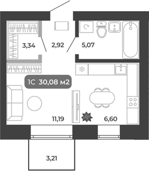 Планировка студии 29.12 м² в ЖК «Ботаника»