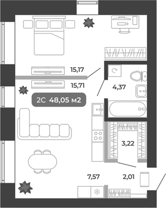 Планировка 2е-к.кв 48.05 м² в ЖК «Ботаника»