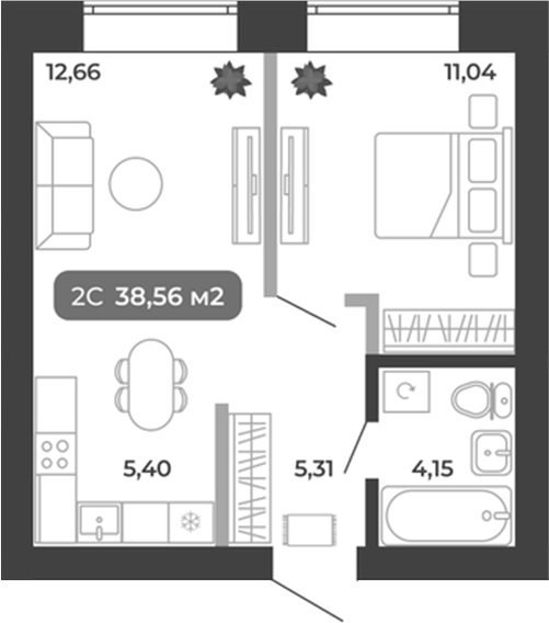 Планировка 2е-к.кв 38.56 м² в ЖК «Ботаника»